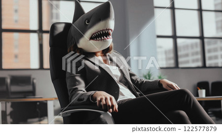 Successful businesswoman in shark suit sitting in office chair Surreal image of bossy business person working on workplace. A boss of a corporation. This is AI-generated item 122577879