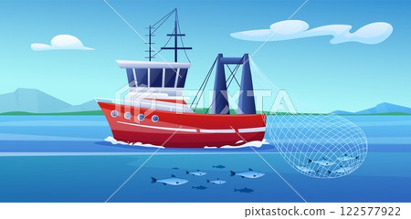 Fishing in ocean. Ship with full net of fish in sea. Commercial catching, industry boat or vessel in water. Underwater world, nature nowaday vector landscape 122577922