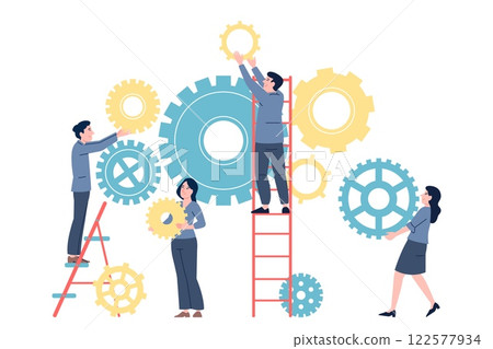 Teamwork business office team. Tiny managers with giant gears put parts together into one whole. Teambuilding, big project or startup recent vector scene 122577934