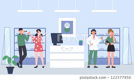 Optic store. People try various fashion glasses with consultant. Office girl, students choose glasses for work and study. Ophthalmology diagnosis splendid vector scene 122577950