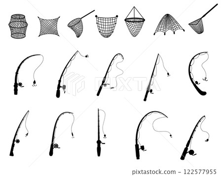 Black fishing rods. Angling tools icons, rod with spinning and handles and nets for commercial fish catch. Fishermen equipment nowaday vector set Black fishing rods. Angling tools icons, rod with spinning and handles and nets for commercial fish catch. Fishermen equipment nowaday vector set 122577955