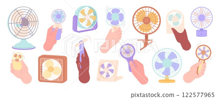 Hand electric fans. Indoor climate control equipments. Mobile plastic ventilators in different hands. Personal fan cooler for hot weather, racy vector set Hand electric fans. Indoor climate control equipments. Mobile plastic ventilators in different hands. Personal fan cooler for hot weather, racy vector set 122577965