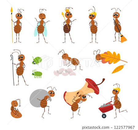 Funny ants. Cartoon ant character sleeping, working, resting, eating. Isolated insects daily activities, wild forest animals childish mascots, classy vector set 122577967