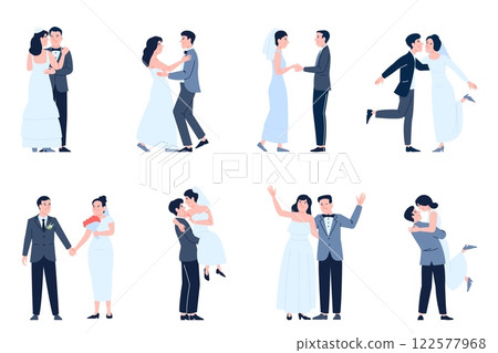 Wedding couples. Bride groom in official outfits, just married. Ceremony characters in different poses, marriage people, newlyweds recent vector set Wedding couples. Bride groom in official outfits, just married. Ceremony characters in different poses, marriage people, newlyweds recent vector set 122577968