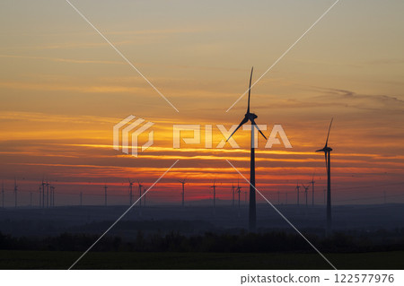 Wind turbine in flat landscape near Vienna, Austria 122577976
