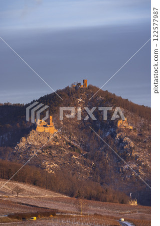 Catle ruins Chateau de Saint-Ulrich, Chateau du Girsberg and Chateau du Haut-Ribeaupierre near Ribeauville, Alsace, France 122577987
