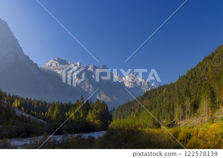 Typical landscape with Tre Cime, Tre Cime di Lavaredo, Dolomiti, South Tyrol, Italy 122578139