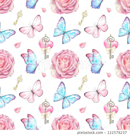 Seamless pattern with rose flower and butterfly. 122578237