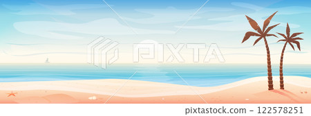 Scenic vector illustration of a tropical beach with palm trees, soft sand, and a calm ocean under a warm sunset sky. The tranquil atmosphere makes it perfect for travel promotions, summer designs, and 122578251