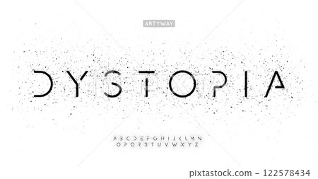 Dystopian futuristic alphabet, minimalist geometric letters with splatter, innovative sci-fi font for cosmic digital interface, HUD, scince, medical and robotic logo, cinematic title. Vector typeset 122578434