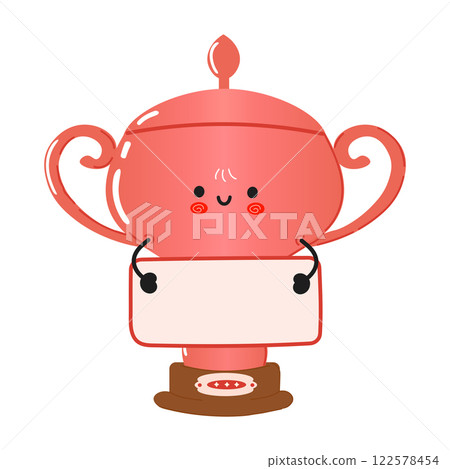 Cute Funny Bronze Trophy Cup Cartoon Character Holding a Poster for a Fun Concept 122578454
