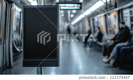 Black advertising board positioned inside a subway train, visible near the entrance doors with passengers and a clean, modern subway car in the background 122578487
