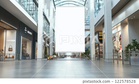 Blank white banner placed in a high-traffic area of an open-air mall, framed by sleek, contemporary architecture, vibrant atmosphere with frequent shoppers and visitors 122578528