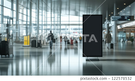 High-contrast black banner displayed at airport terminal entrance, positioned near check-in area, travelers moving by with bags, large windows letting in natural light 122578532