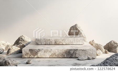 Polished stone podium with scattered rocks, minimalist natural focus. Stone podium on rock platform 3d 122578624
