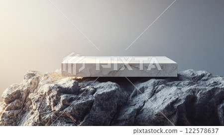 Smooth podium and textured rocks, modern and natural harmony. Stone podium on rock platform 3d 122578637