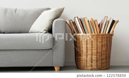 Wicker basket with books, creating relaxed and intellectual living space. Wicker basket near grey sofa in living room 122578850