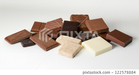 Chocolate bars assortment. Milk dark white chocolate pieces. Confectionery product food photography. Flat lay bright white background 122578884