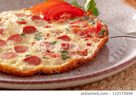 Fried omelette with tomatoes, sausages and fresh herbs for the perfect breakfast Fried omelette with tomatoes, sausages and fresh herbs for the perfect breakfast 122578894