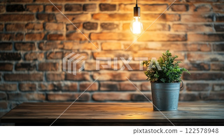 Industrial style coffee table in loft interior with brick wall and potted plant. Wooden coffee table with houseplant Industrial style coffee table in loft interior with brick wall and potted plant. Wooden coffee table with houseplant 122578948