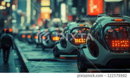 Robotic cars as taxis in metropolis, futuristic urban transportation system. Robotic cars 122578982