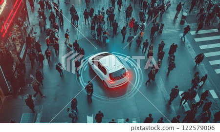 Driverless vehicle ensuring pedestrian safety, seamless technology integration. Robotic cars 122579006