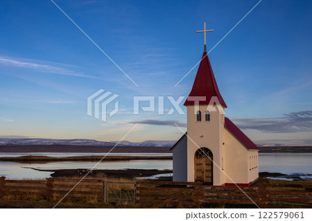 Small church beside a fjord, Iceland 122579061