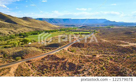 Aerial of Desert Oasis and Winding Road in Kolob Canyon Utah 122579078