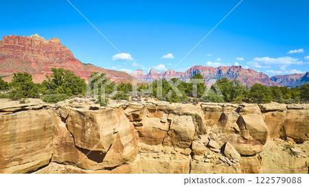 Aerial of Zion Canyon Sandstone Cliffs and Peaks Aerial of Zion Canyon Sandstone Cliffs and Peaks 122579088