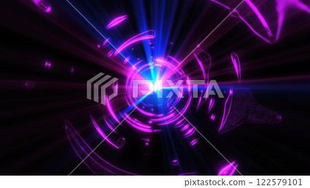 A glowing purple tunnel with a radiant light at its center, creating a futuristic and sci-fi aesthetic with bright energy waves and abstract background 122579101