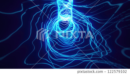 Dynamic blue neon light trails forming wave-like tunnel  patterns in a dark digital space, representing motion and futuristic design 122579102