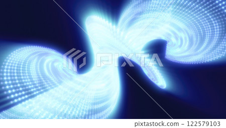 Abstract blue light waves in a curved, flowing shape, resembling digital data or an energy stream 122579103