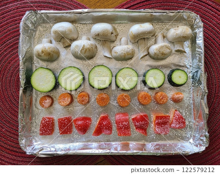 Fresh Vegetable Medley on Foil Baking Tray Top-Down View Fresh Vegetable Medley on Foil Baking Tray Top-Down View 122579212