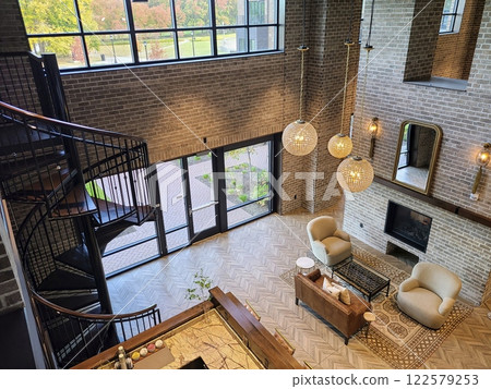 Modern Living Space with Spiral Staircase Aerial Modern Living Space with Spiral Staircase Aerial 122579253