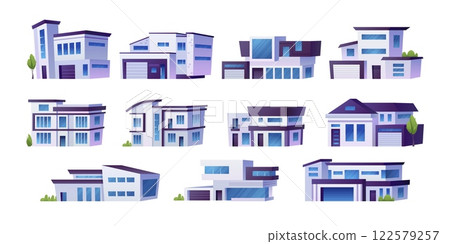 Modern suburban houses. Cartoon contemporary american european suburb house set, residential villa family home cottage townhouse housing facade exterior, swanky vector illustration Modern suburban houses. Cartoon contemporary american european suburb house set, residential villa family home cottage townhouse housing facade exterior, swanky vector illustration 122579257