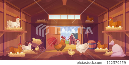 Chicken coop. Cartoon henhouse wooden barn inside interior, poultry pasture farmhouse with chickens rooster eggs domestic bird indoor shed farm house, swanky vector illustration 122579259