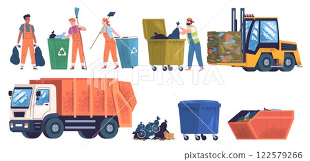 Garbage service workers. Rubbish management workers, janitors city cleaning company dustman collector collect and sorting trash waste bin in track, set classy vector illustration Garbage service workers. Rubbish management workers, janitors city cleaning company dustman collector collect and sorting trash waste bin in track, set classy vector illustration 122579266