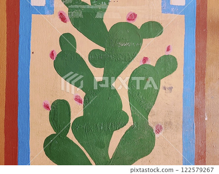 Cactus Mural with Pink Blossoms in Vibrant Frame Eye-Level View 122579267