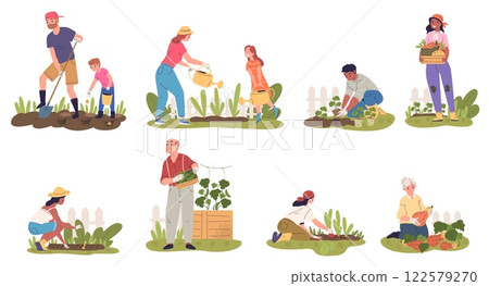 People plants vegetables. Farmers gardeners organic farm, agriculture gardening and harvesting family grandma grandpa garden work hobby plant seeds, set classy vector illustration 122579270