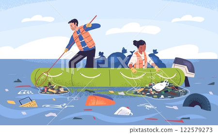 Sea boat collect garbage. Volunteer people clean ocean water, collecting plastic waste in polluted river lake, save ecology of trash damage environment classy vector illustration 122579273
