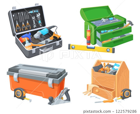 Toolkit boxes. Construction tool box, repair master implement toolbox household renovation instruments hammer screwdriver spanner, maintenance equipment neat vector illustration Toolkit boxes. Construction tool box, repair master implement toolbox household renovation instruments hammer screwdriver spanner, maintenance equipment neat vector illustration 122579286