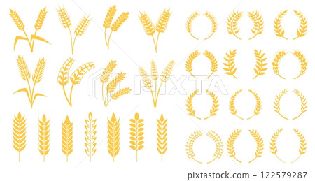 Wheat grains wreath. Barley ears, rye spike rice stalk or laurel wreaths beer logo heraldic symbol round frame for bakery bread label emblem farm harvest, neat vector illustration 122579287