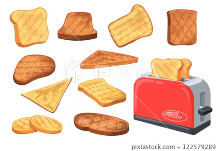 Bread toasts slices. Rye or wheat bread toast for sandwich french breakfast, loaf square toaster slice sandwiches pastry bakery products pieces cartoon set neat vector illustration Bread toasts slices. Rye or wheat bread toast for sandwich french breakfast, loaf square toaster slice sandwiches pastry bakery products pieces cartoon set neat vector illustration 122579289