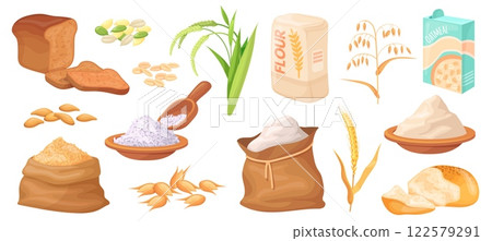 Cartoon cereal products. Flour rice or wheat grains for bread bakery product, ripe seeds harvest in burlap bag pastry food cereals crops sack, carbohydrate neat vector illustration 122579291