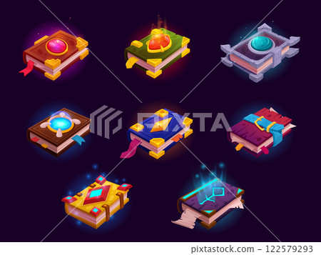 Game alchemy books. Cartoon magic spell book, wizard study handbook fantasy gaming ui glowing icons, old medieval library quest witchcraft spelling recipe tidy vector illustration 122579293