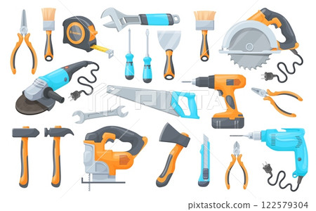 Cartoon construction tools. Building repair work hand tool and hardware instruments set, hammer wrench screwdriver drill spanner ruler tape repairman set neat vector illustration 122579304