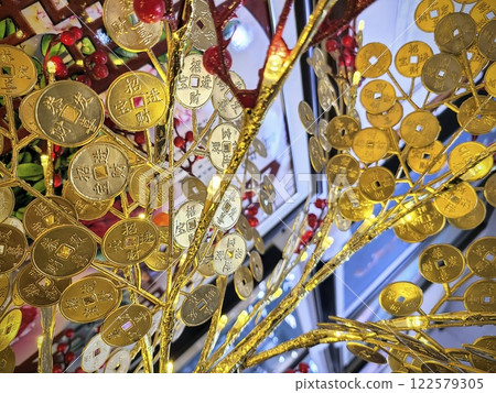 Chinese Money Tree with Golden Coins and Red Berries Tilted View Chinese Money Tree with Golden Coins and Red Berries Tilted View 122579305