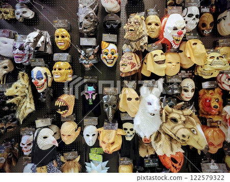 Diverse Halloween Masks on Display in Costume Store Eye-Level Perspective 122579322