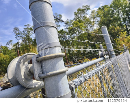 Security Fence with Barbed Wire and Greenery Close-Up Perspective 122579334