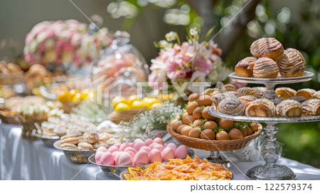 Easter brunch buffet with selection of pastries, colored eggs and fresh spring flowers in garden setting Easter brunch buffet with selection of pastries, colored eggs and fresh spring flowers in garden setting 122579374